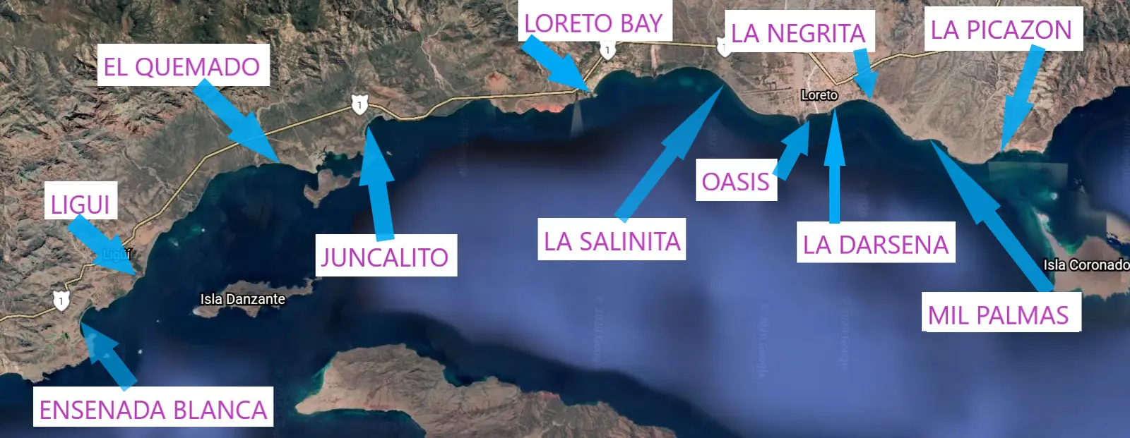 Map of Loreto's best Beaches, Map of Beaches of Loreto, Mexico