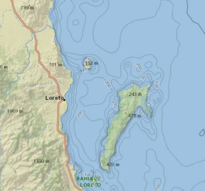 LORETO FISHING DEPTHS, LORETO UNDERWATER TERRAIN, LORETO BATHYMETRIC MAP