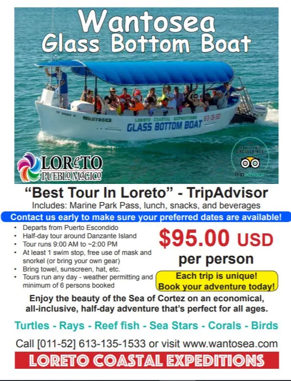 Glass bottom boat tour loreto, glass bottom boat, tours, loreto